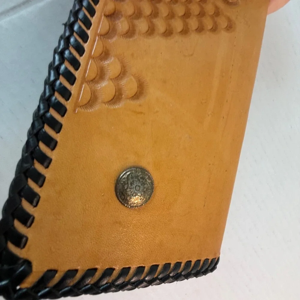 Vintage Hand Tooled Leather Checkbook Cover Pyramid Pattern Bi-Fold Wallet